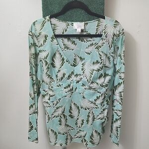 LOFT Women's Aqua and Olive Leaf Pattern Long Sleeve Top
